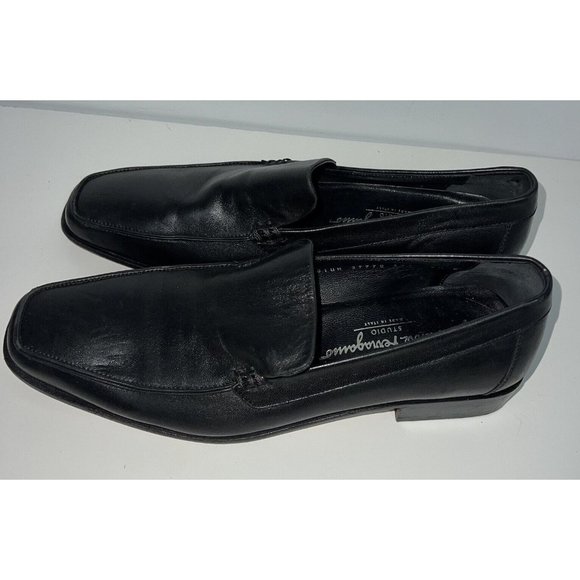 Salvatore Ferragamo Mens Black Leather Loafers Dress Shoes Size 8.5 Italy 37770